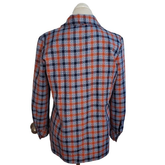 Vintage 70s Womens Sz M Plaid Button Up Jacket Blue Orange Unlined Pockets Retro - Picture 8 of 9
